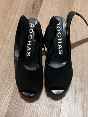Rochas Black Suede Peep-Toe Slingback Pumps